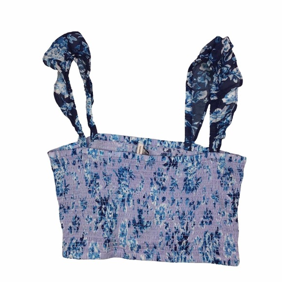 Nanette Lepore Suzie Blue Floral Smocked Ruffle Crop Top Sleeveless Women's L - Picture 3 of 6